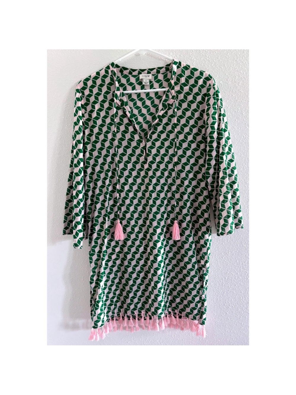 J. Crew Green and White Geometric Tunic/Dress/Swimsuit Coverup with Pink Tassels